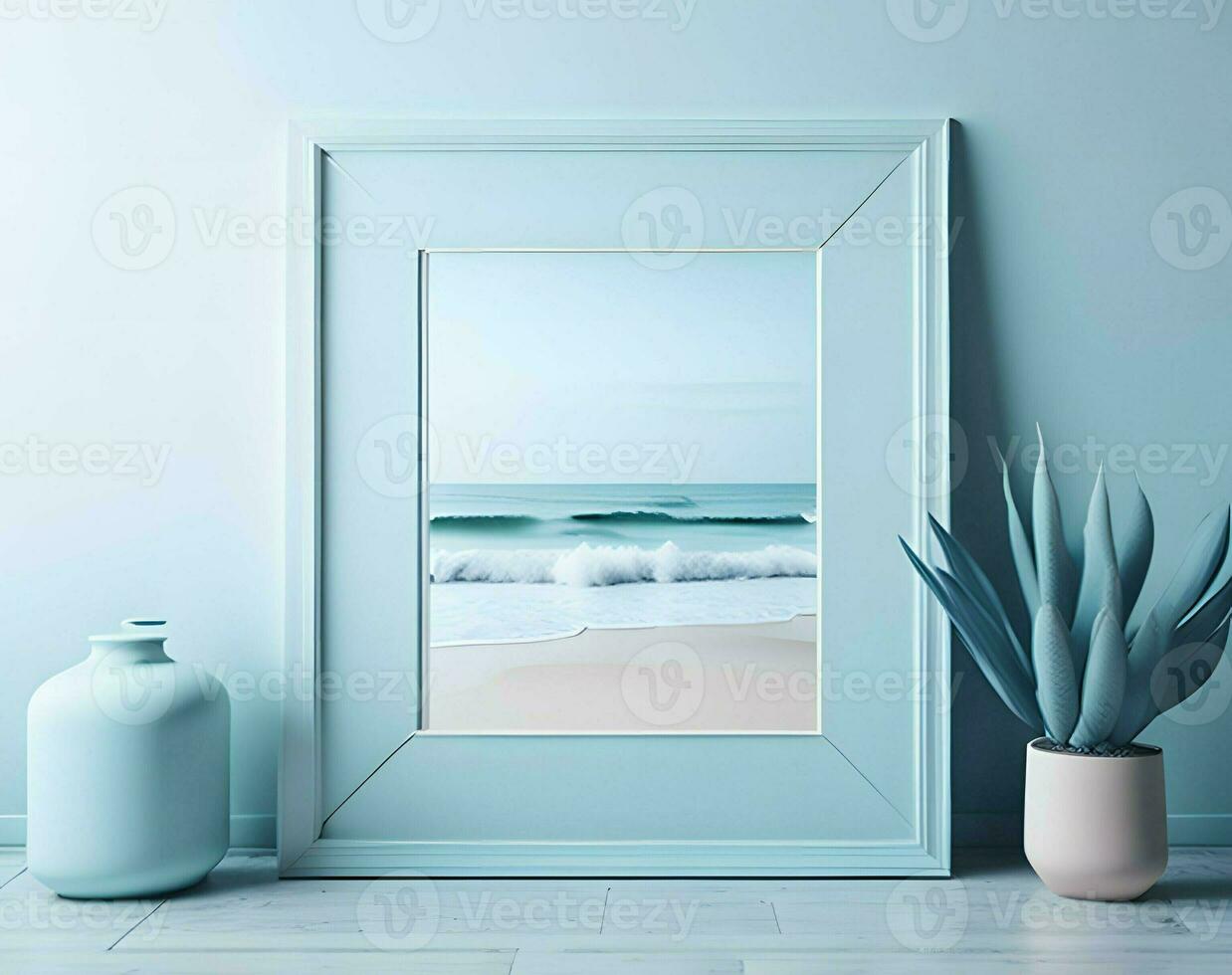 AI generated empty room with wooden frame and empty frame. 3 d render photo