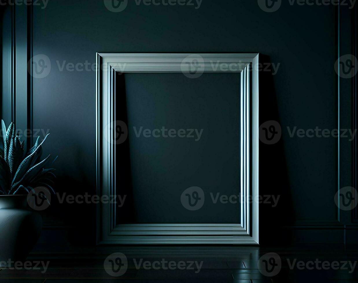 AI generated modern interior design with empty picture frame and empty black wall, 3 d rendering photo