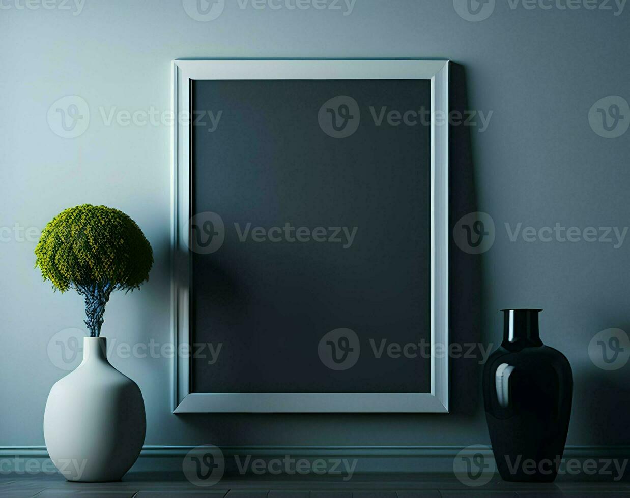 AI generated empty black frame on a white wall background. mockup for your design. 3 d render. photo