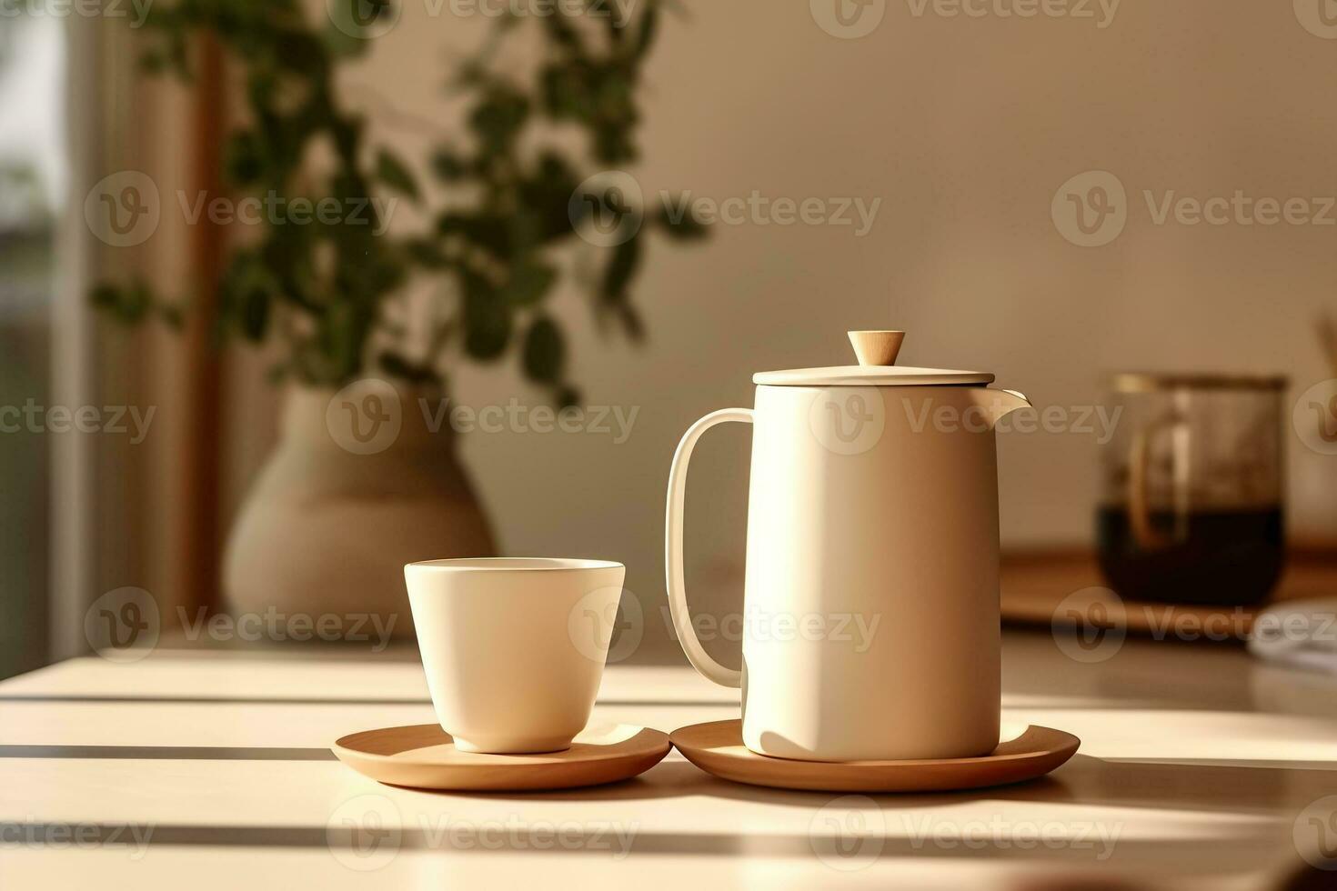 A minimalist scene featuring a ceramic coffee mug and a French press, with the focus on the brewing process Generative AI photo