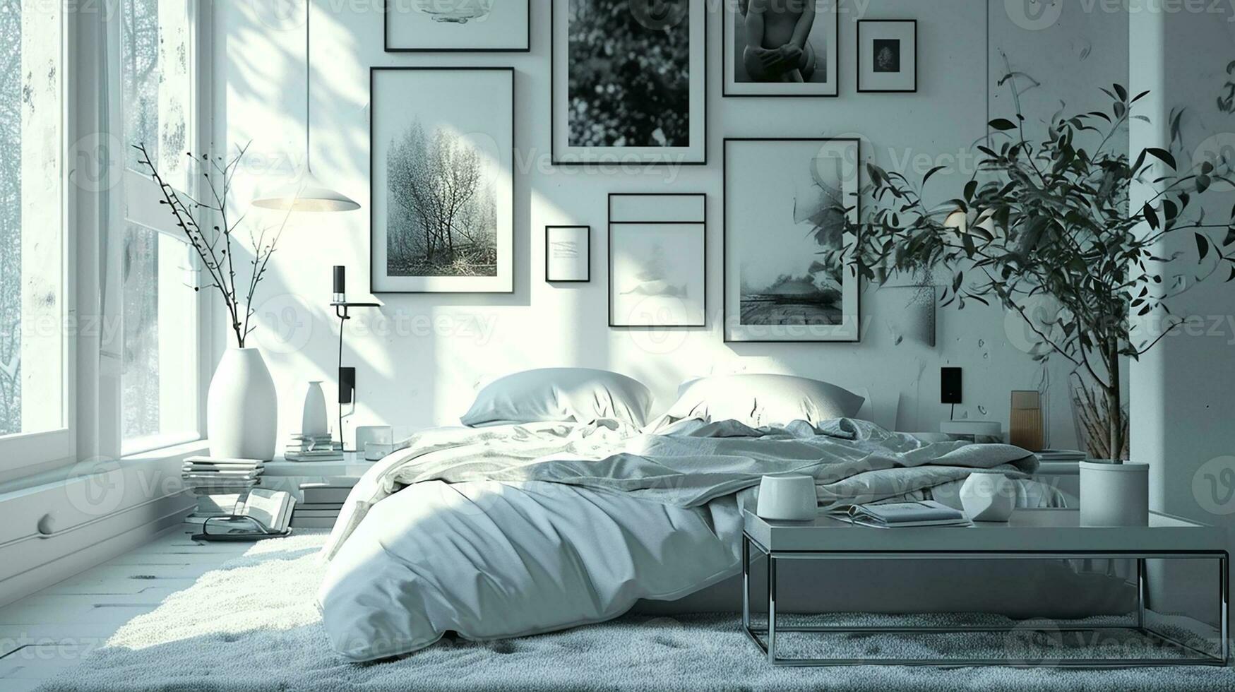 AI generated Bedroom interior design minimal aesthetic 3d rendered photo