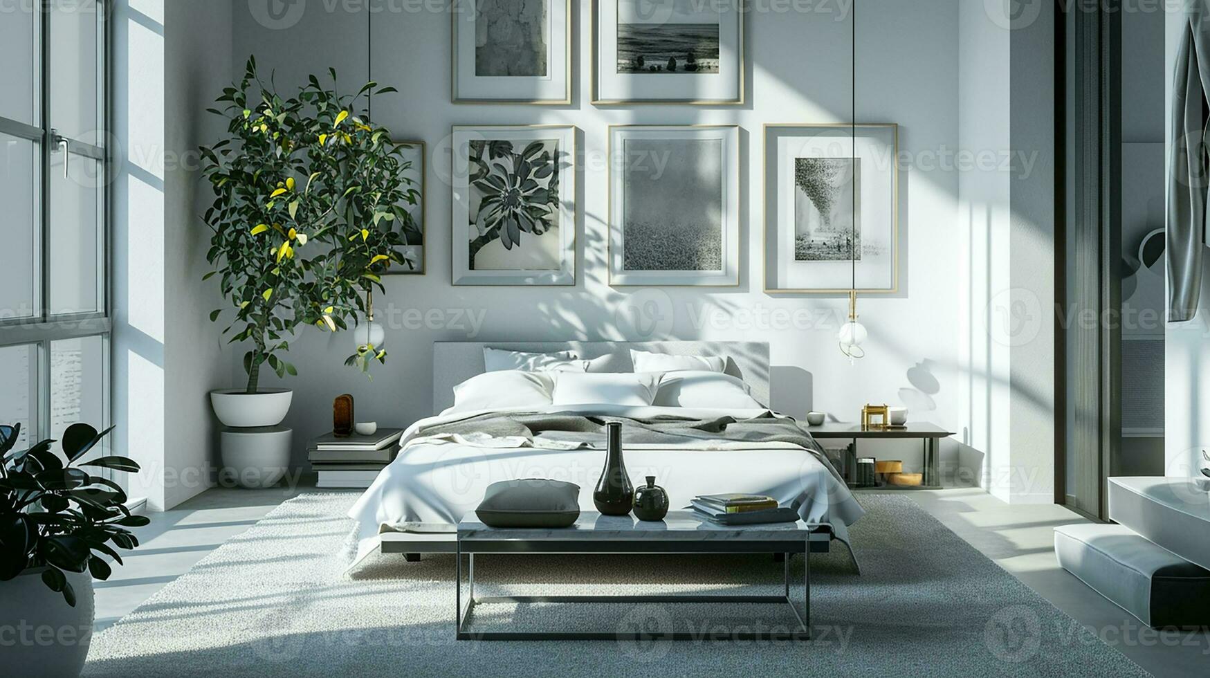AI generated Bedroom interior design minimal aesthetic 3d rendered photo
