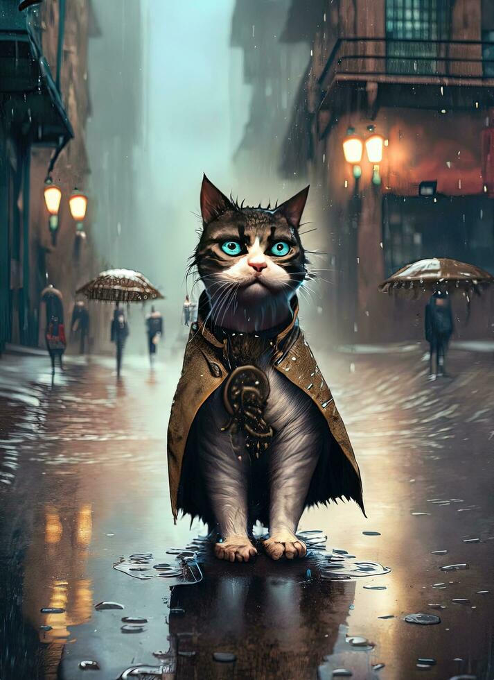 AI generated Fantasy portrait of a cat in a raincoat at night photo