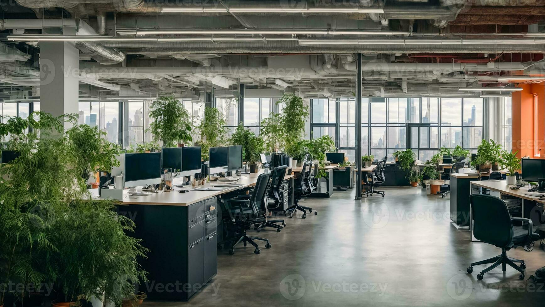 AI generated Empty office with flowerpots photo