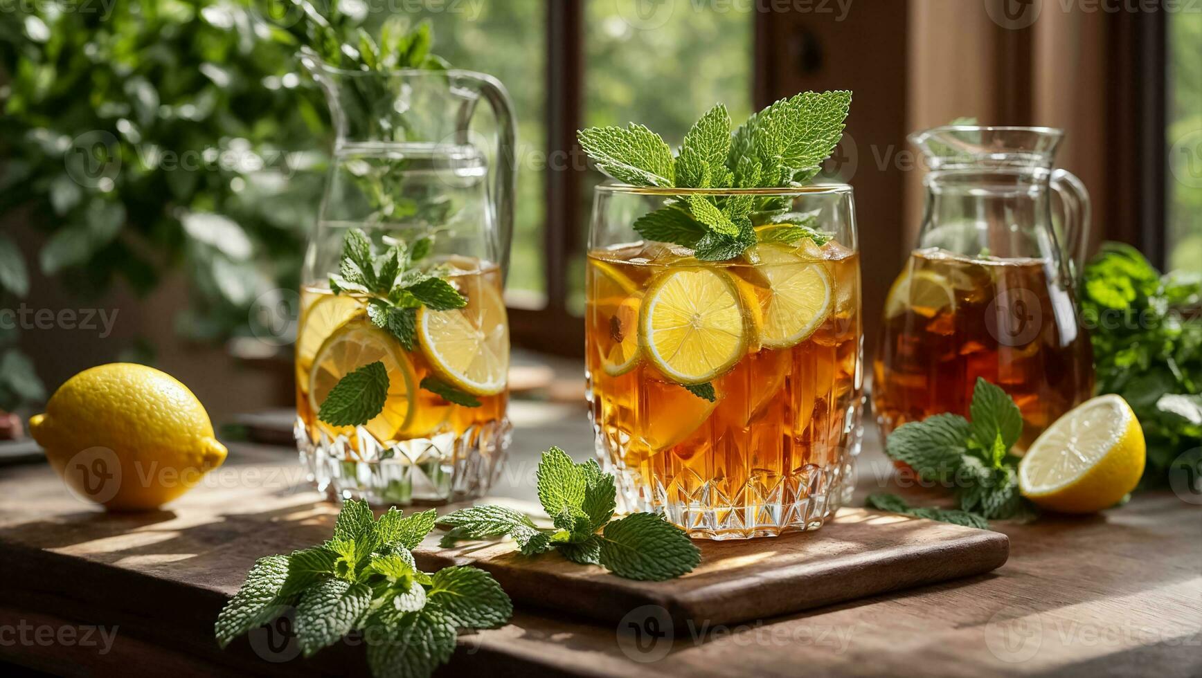 AI generated Cold tea with lemon and mint on the table in glass photo