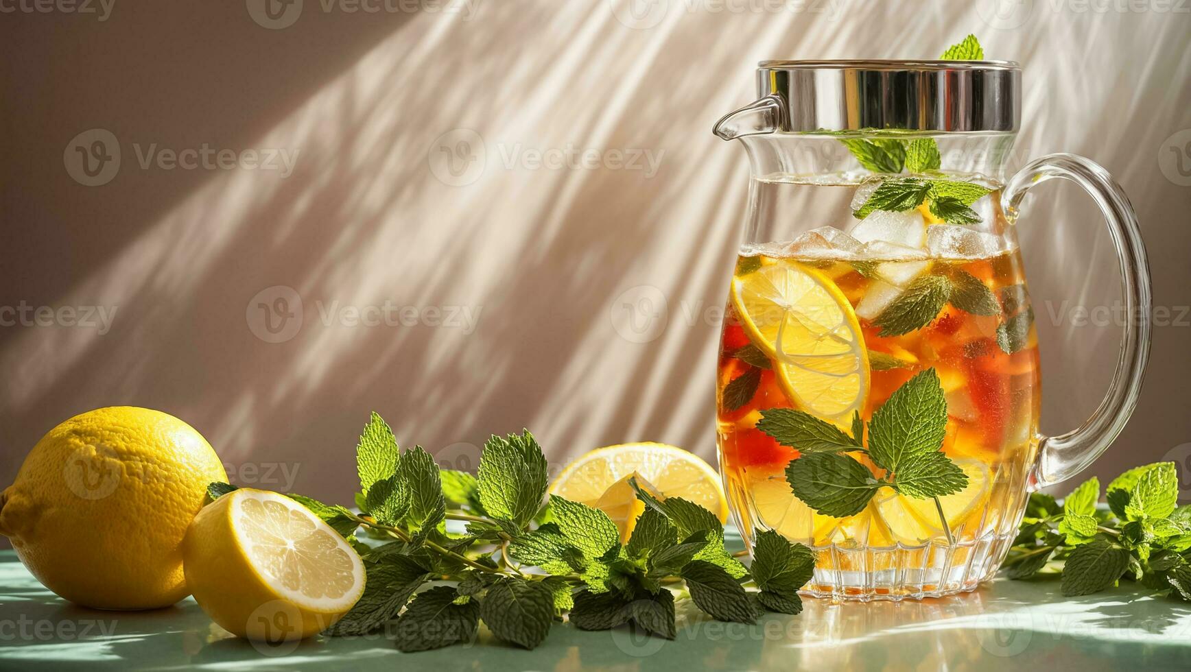 AI generated Cold tea with lemon and mint on the table in glass photo