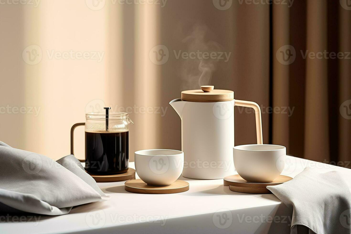 A minimalist scene featuring a ceramic coffee mug and a French press, with the focus on the brewing process Generative AI photo