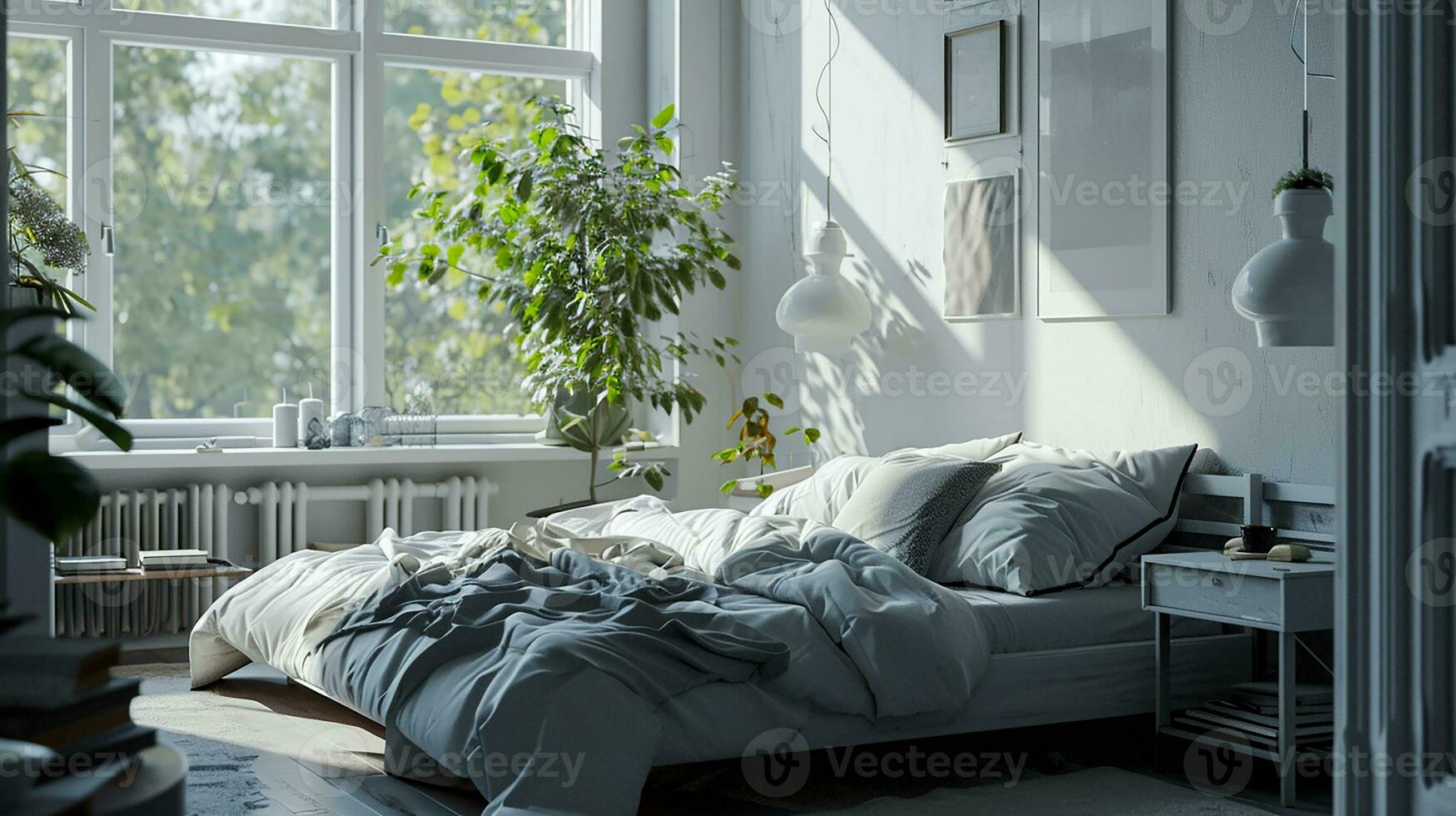 AI generated Bedroom interior design minimal aesthetic 3d rendered photo