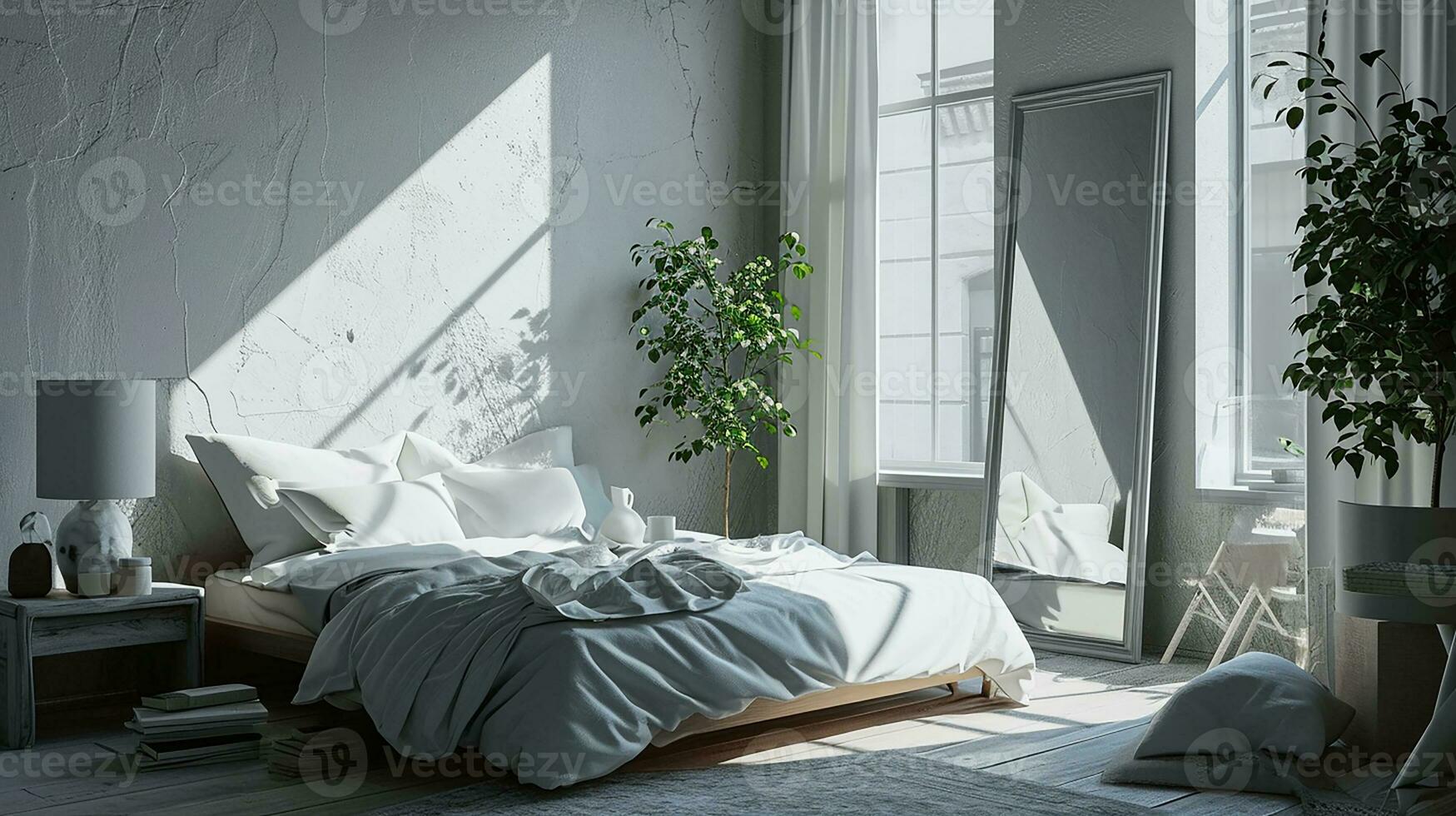 AI generated Bedroom interior design minimal aesthetic 3d rendered photo