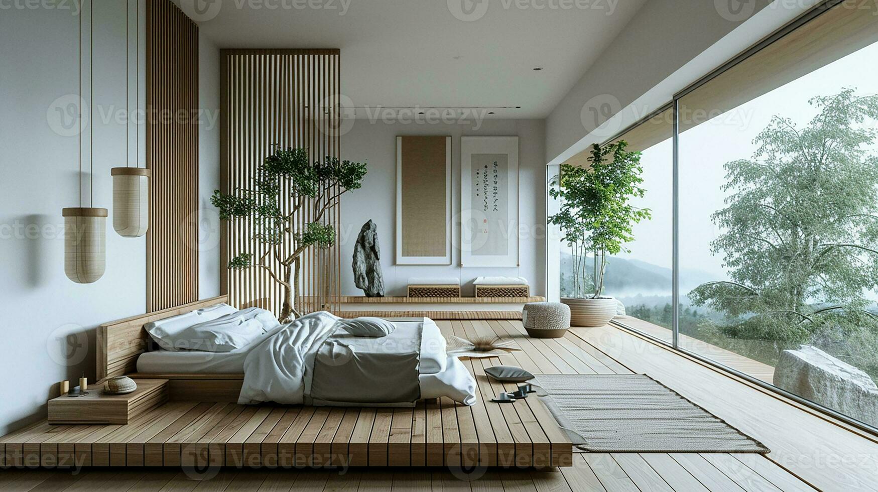 AI generated Bedroom interior design minimal aesthetic 3d rendered photo