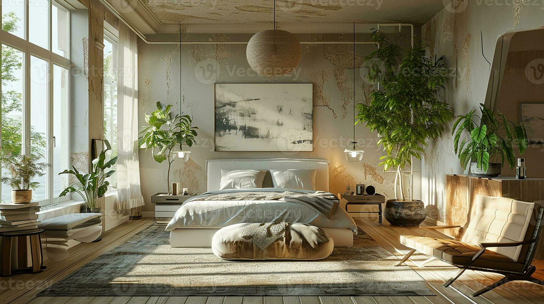 AI generated Bedroom interior design minimal aesthetic 3d rendered photo