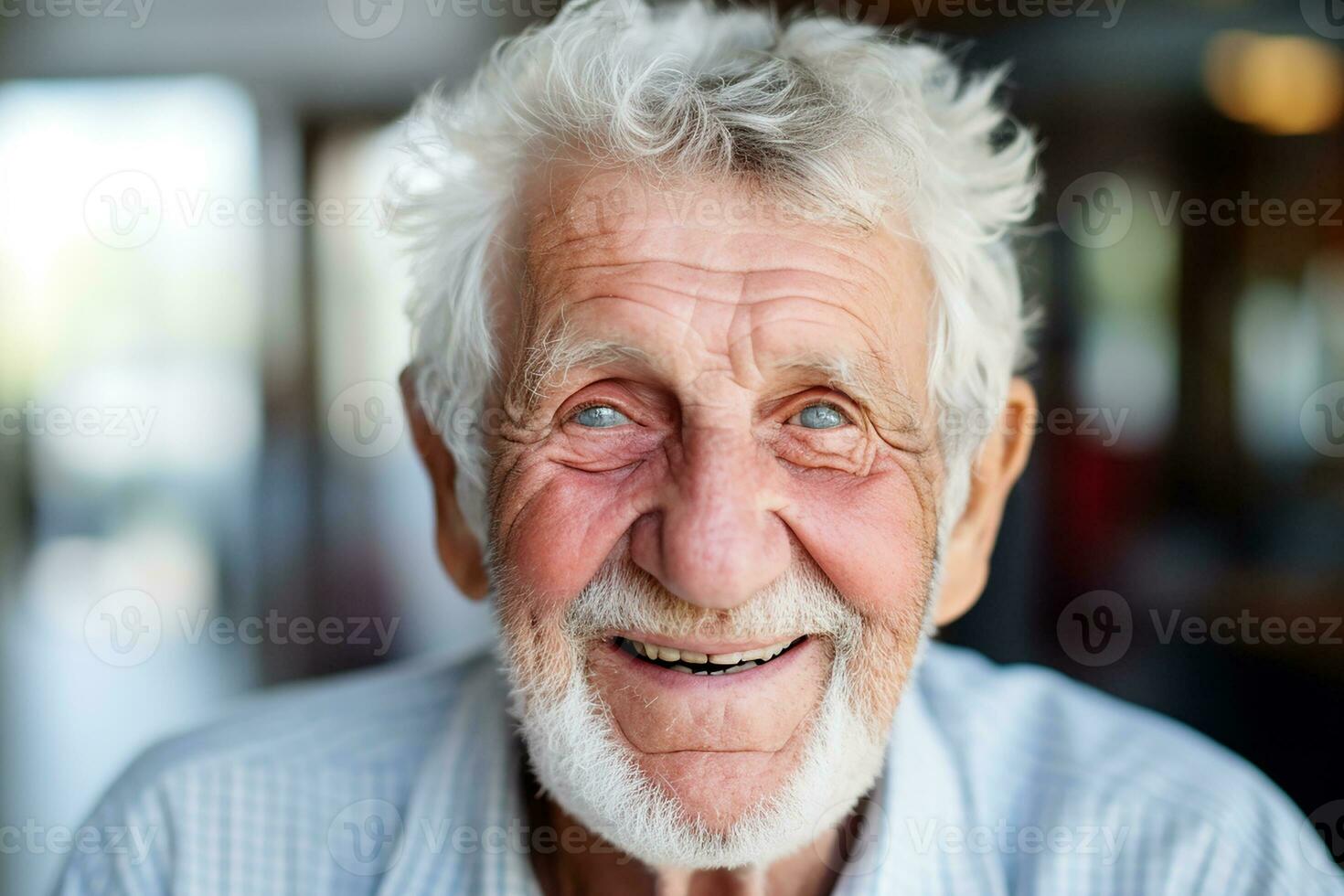 AI generated Portrait of happy retired senior man standing at home near window. Satisfied old man looking at camera and smiling while standing. Positive and confident elderly enjoy his retirement. photo