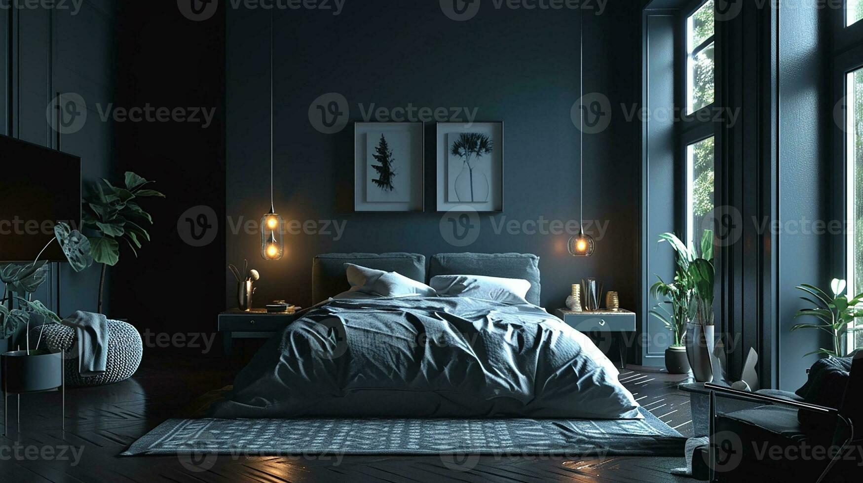 AI generated Bedroom interior design minimal aesthetic 3d rendered photo