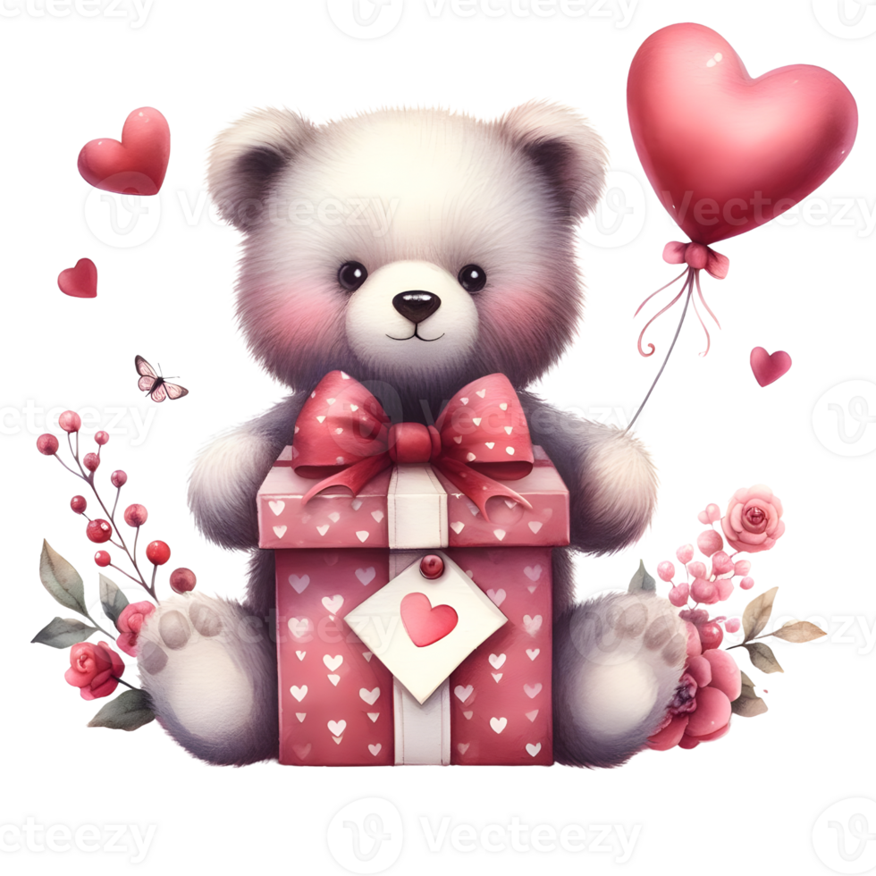 ai gegenereerd schattig tekenfilm beer met geschenk doos en harten. ai png