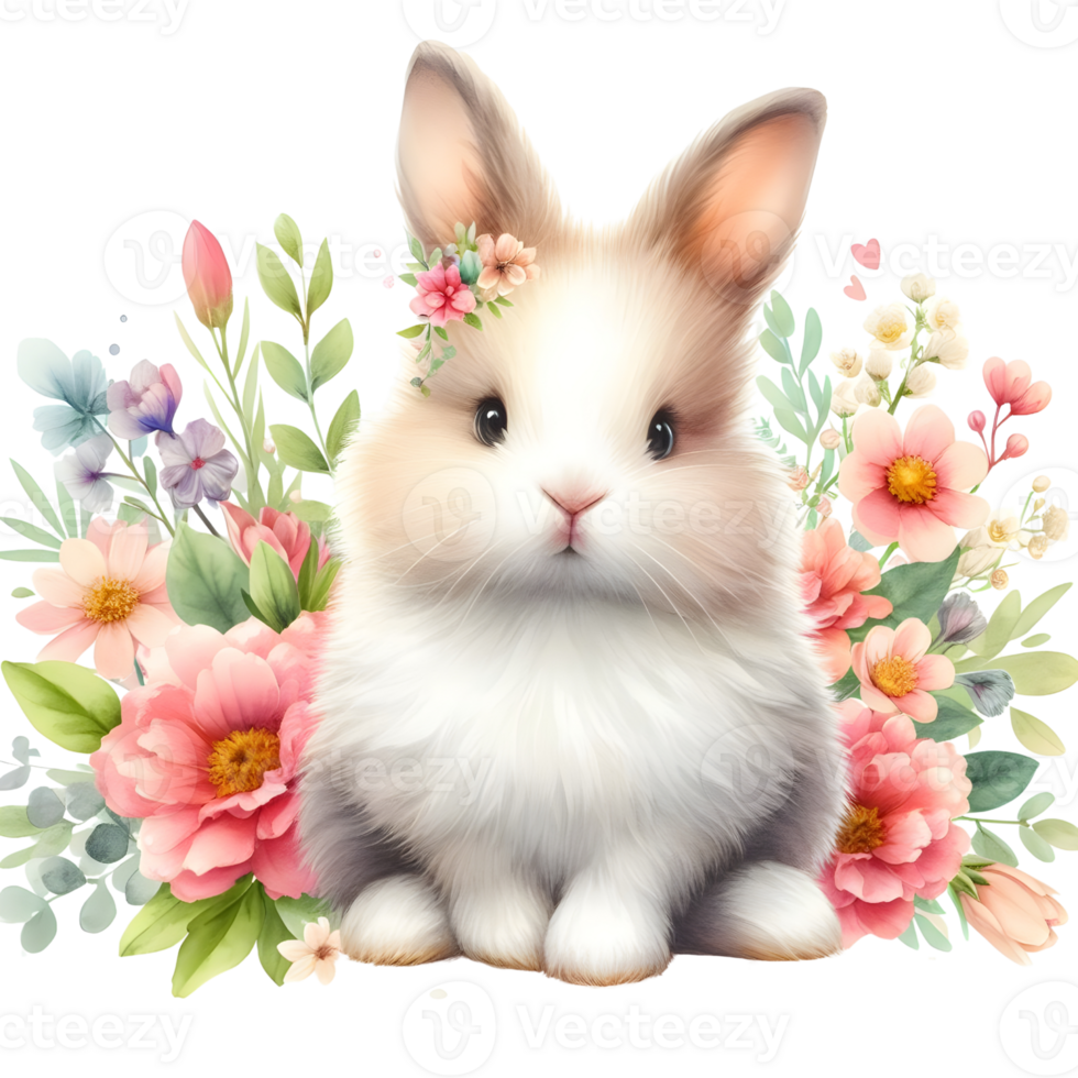 AI generated Cute white bunny with flowers and leaves. Watercolor ai png