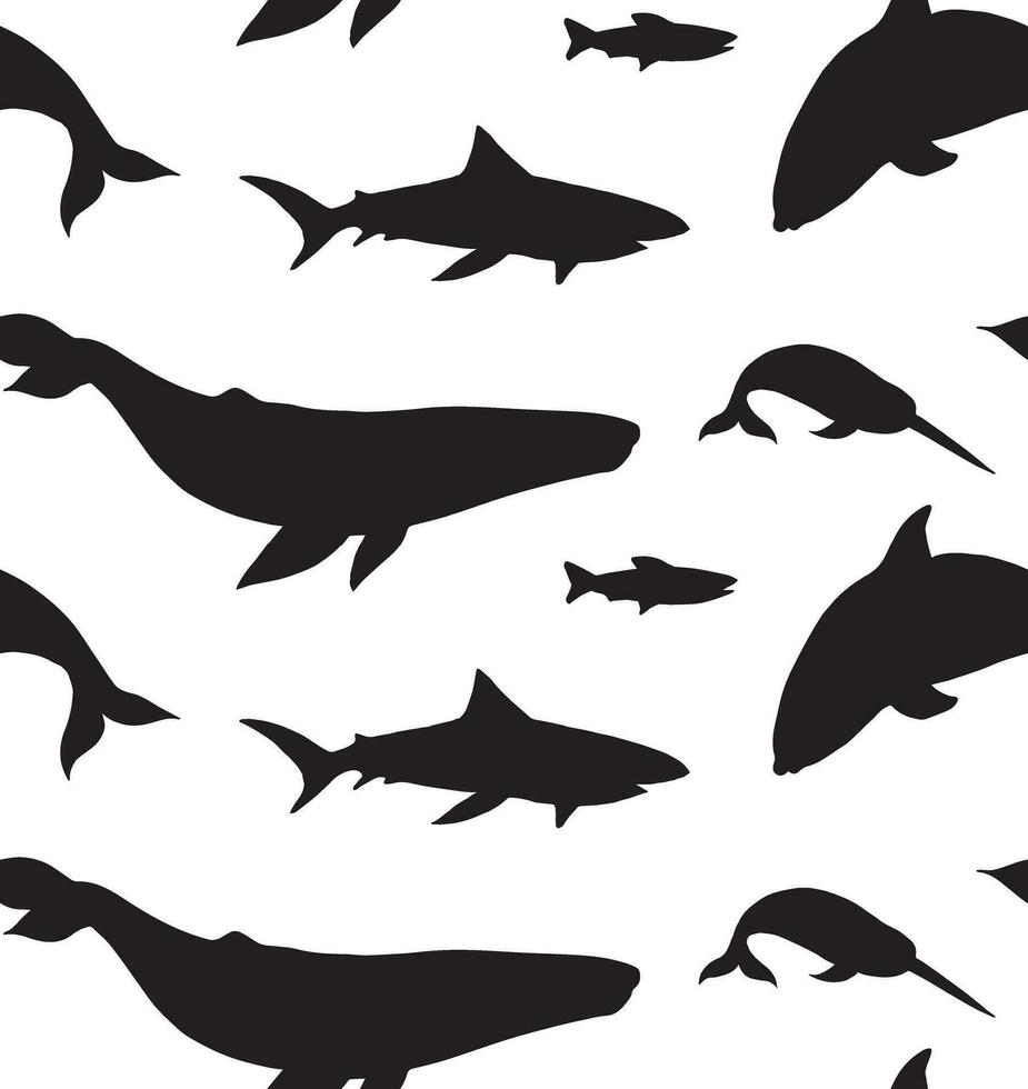 Seamless pattern of whales and sharks silhouette vector