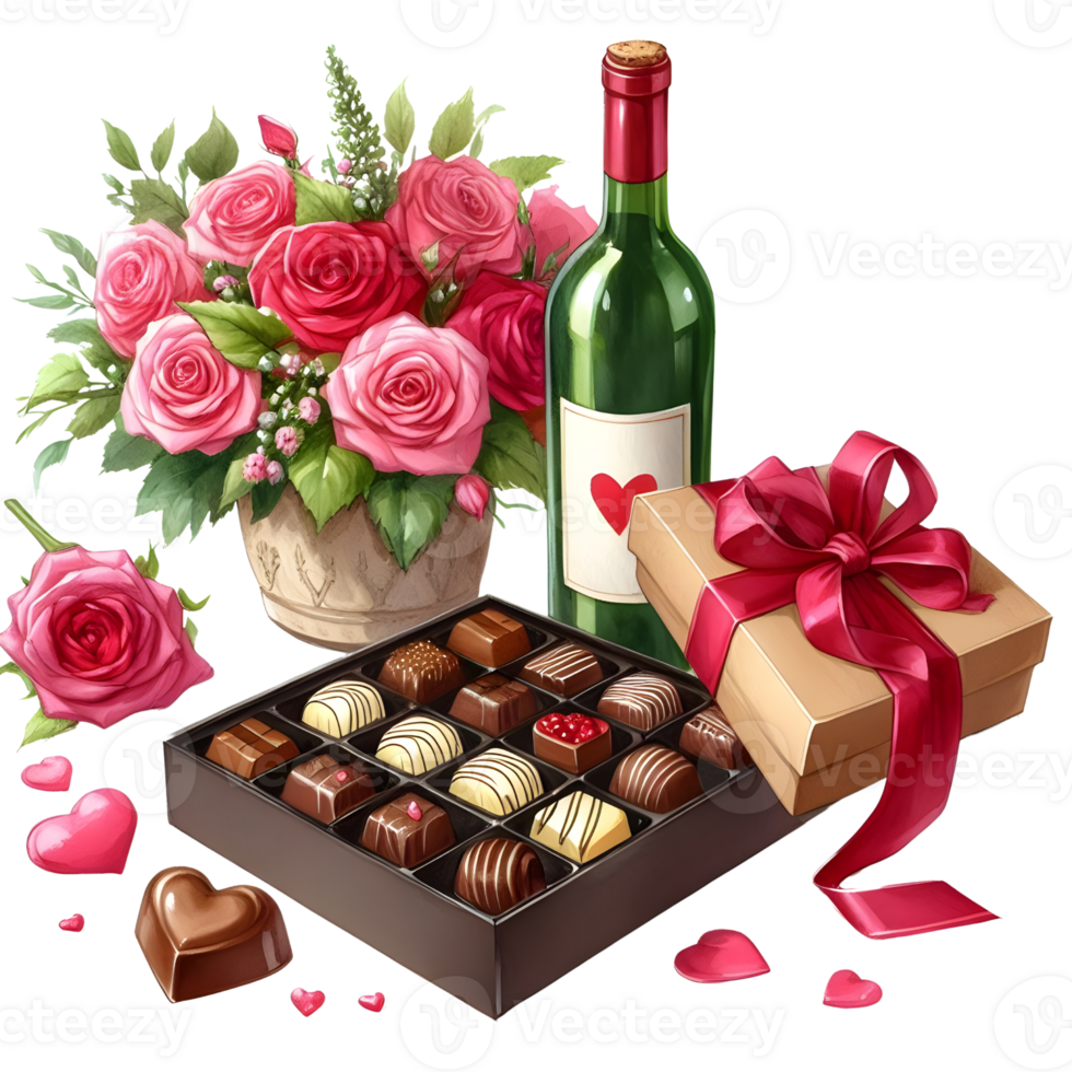 AI generated Valentine's day background with roses, chocolate, gift box