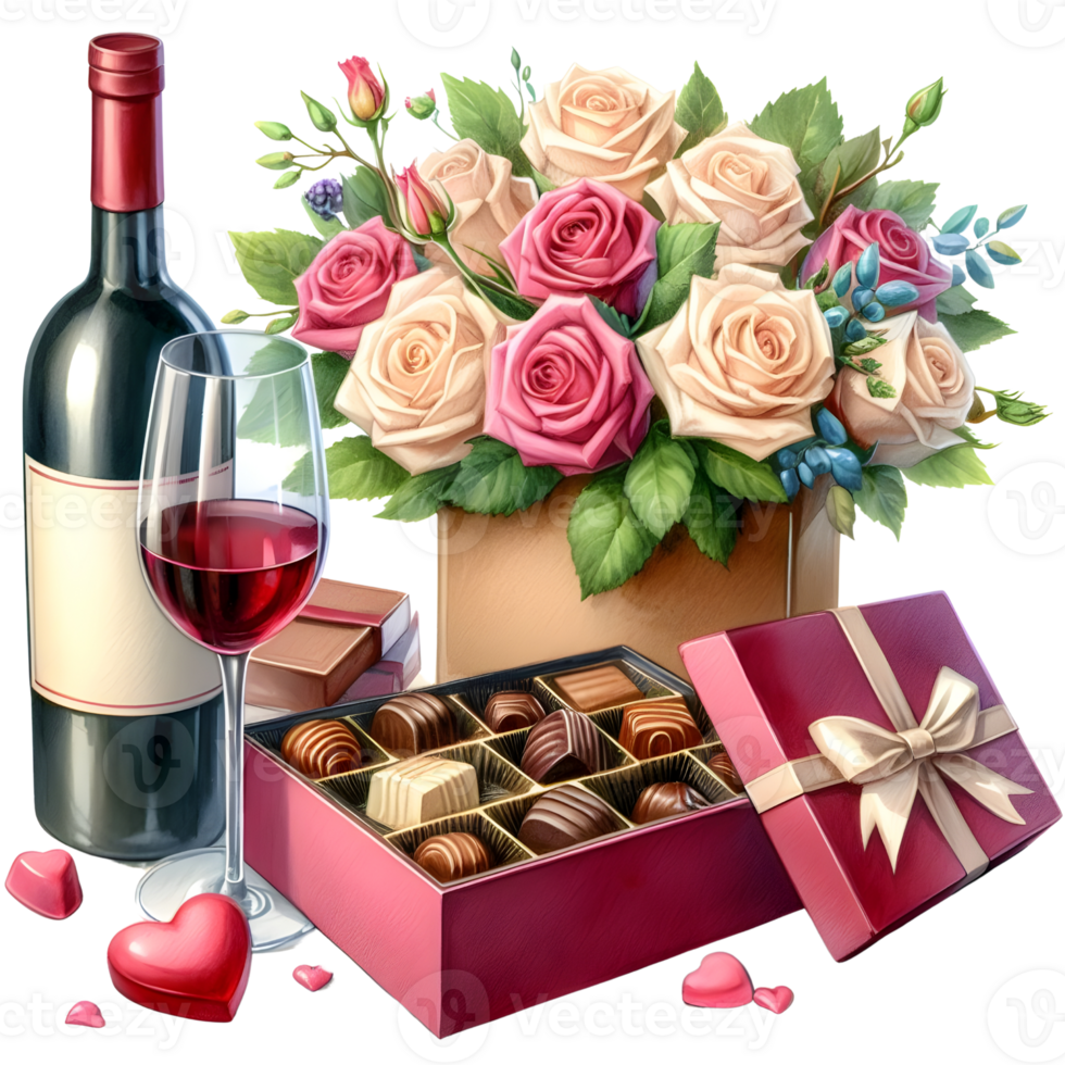 AI generated Valentine's day background with roses, chocolate, gift box and wine png