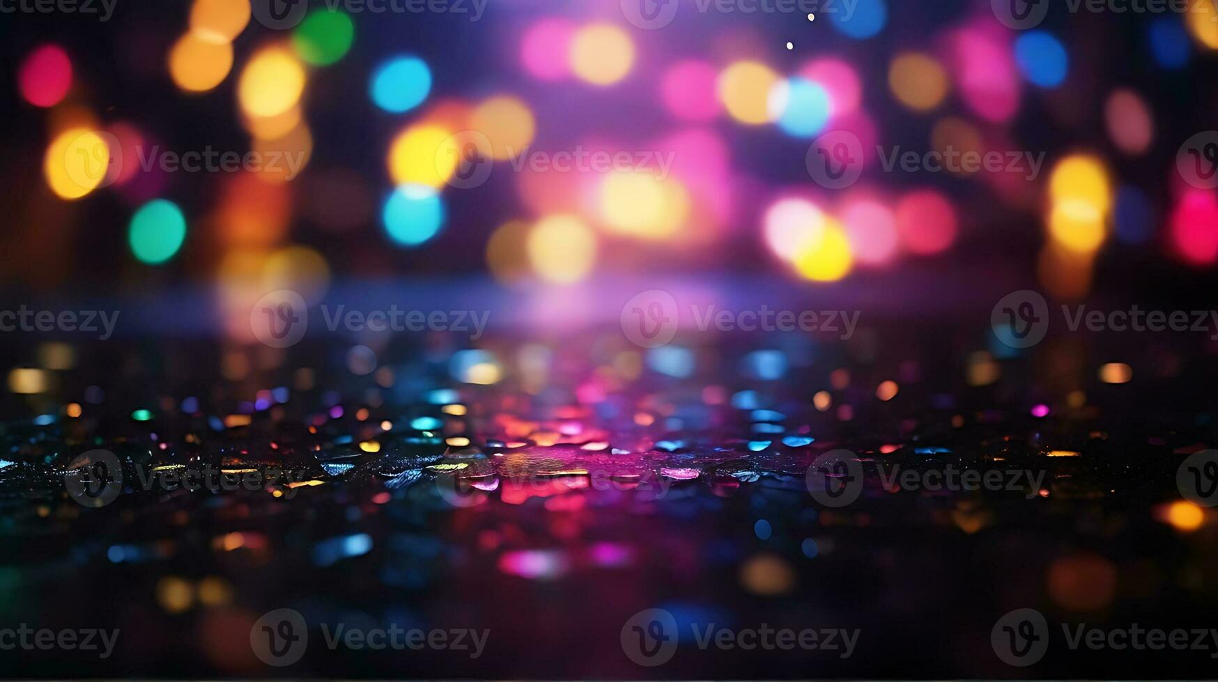 AI generated Glitter bokeh lighting effect colorful blurred abstract background birthday anniversary weddings multicolor bokeh, raining light, blurry lights, blurry rainbow confettis black background photo