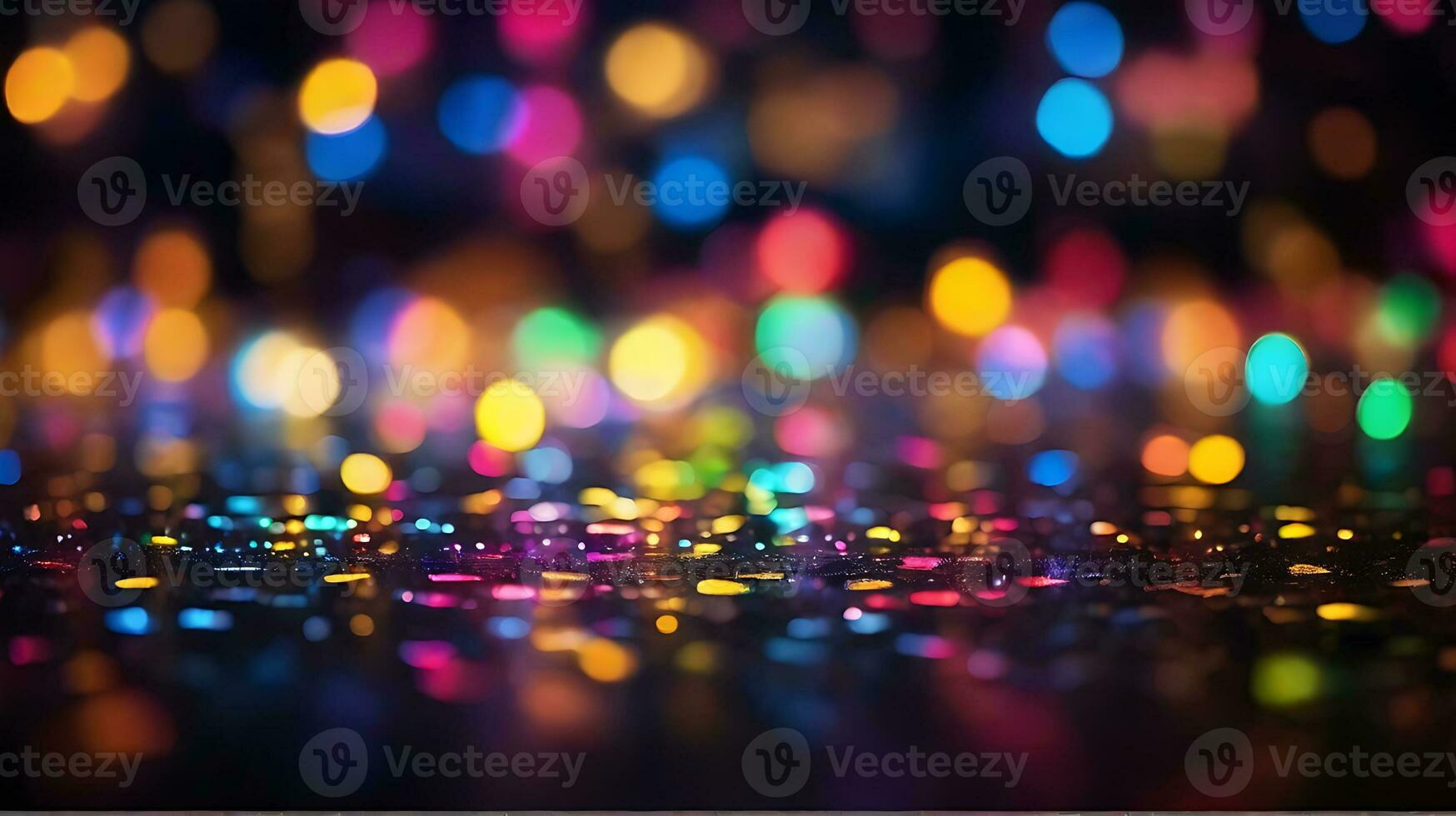 AI generated Glitter bokeh lighting effect colorful blurred abstract background birthday anniversary weddings multicolor bokeh, raining light, blurry lights, blurry rainbow confettis black background photo