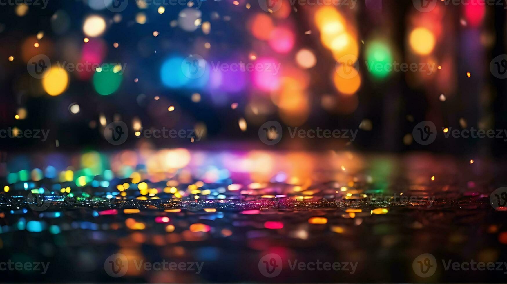 AI generated Glitter bokeh lighting effect colorful blurred abstract background birthday anniversary weddings multicolor bokeh, raining light, blurry lights, blurry rainbow confettis black background photo