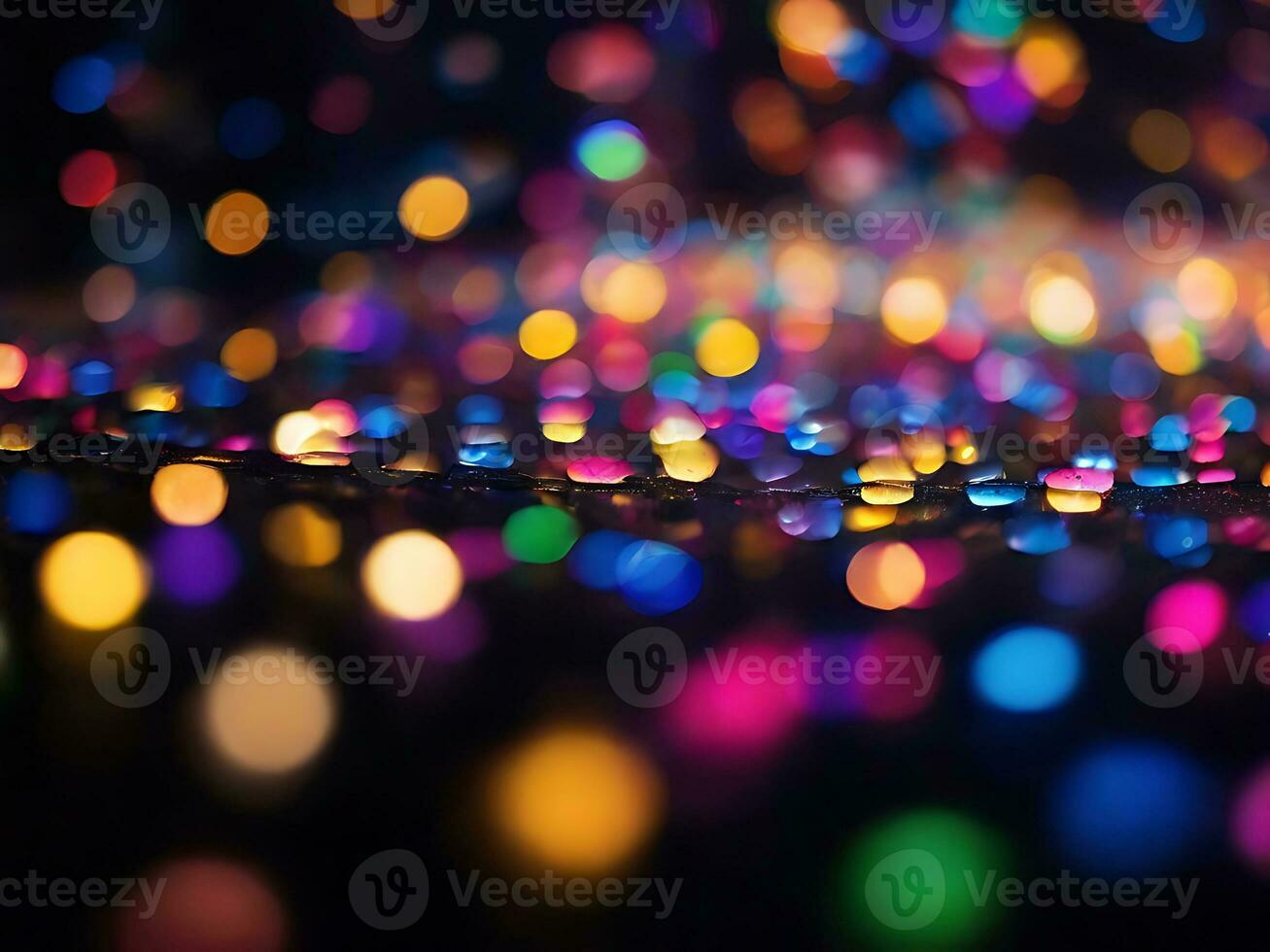 AI generated Glitter bokeh lighting effect colorful blurred abstract background birthday anniversary weddings multicolor bokeh, raining light, blurry lights, blurry rainbow confettis black background photo