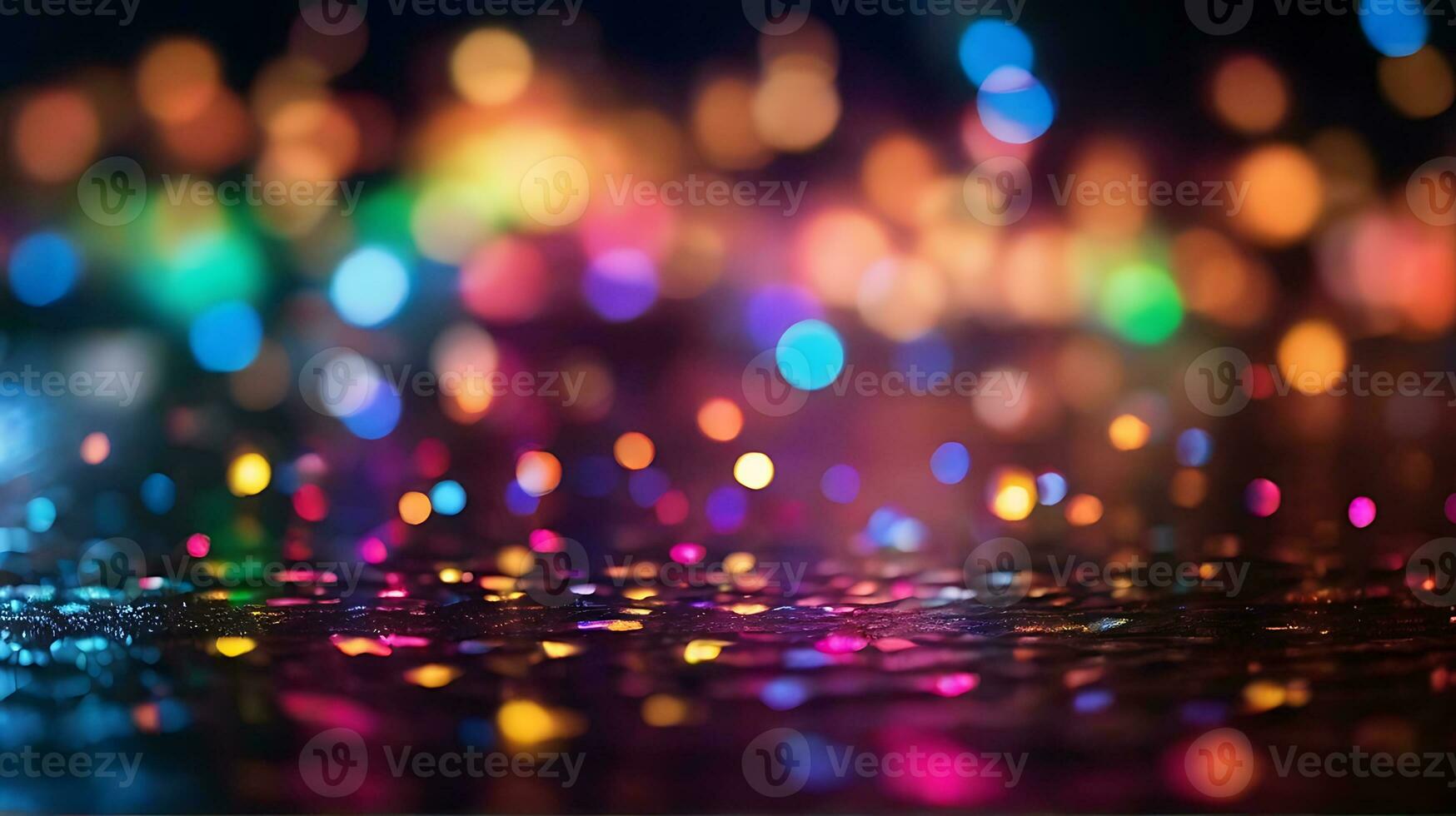 ai generado Brillantina bokeh Encendiendo efecto vistoso borroso resumen antecedentes cumpleaños aniversario bodas multicolor Bokeh, lloviendo luz, borroso luces, borroso arco iris confettis negro antecedentes foto