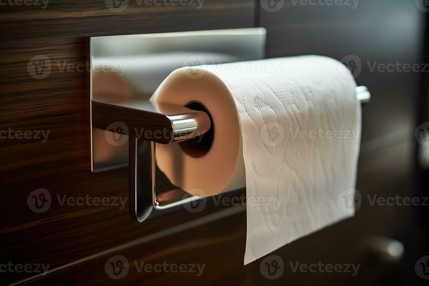A close - up of a minimalist toilet paper holder, featuring a sleek metal design Generative AI photo