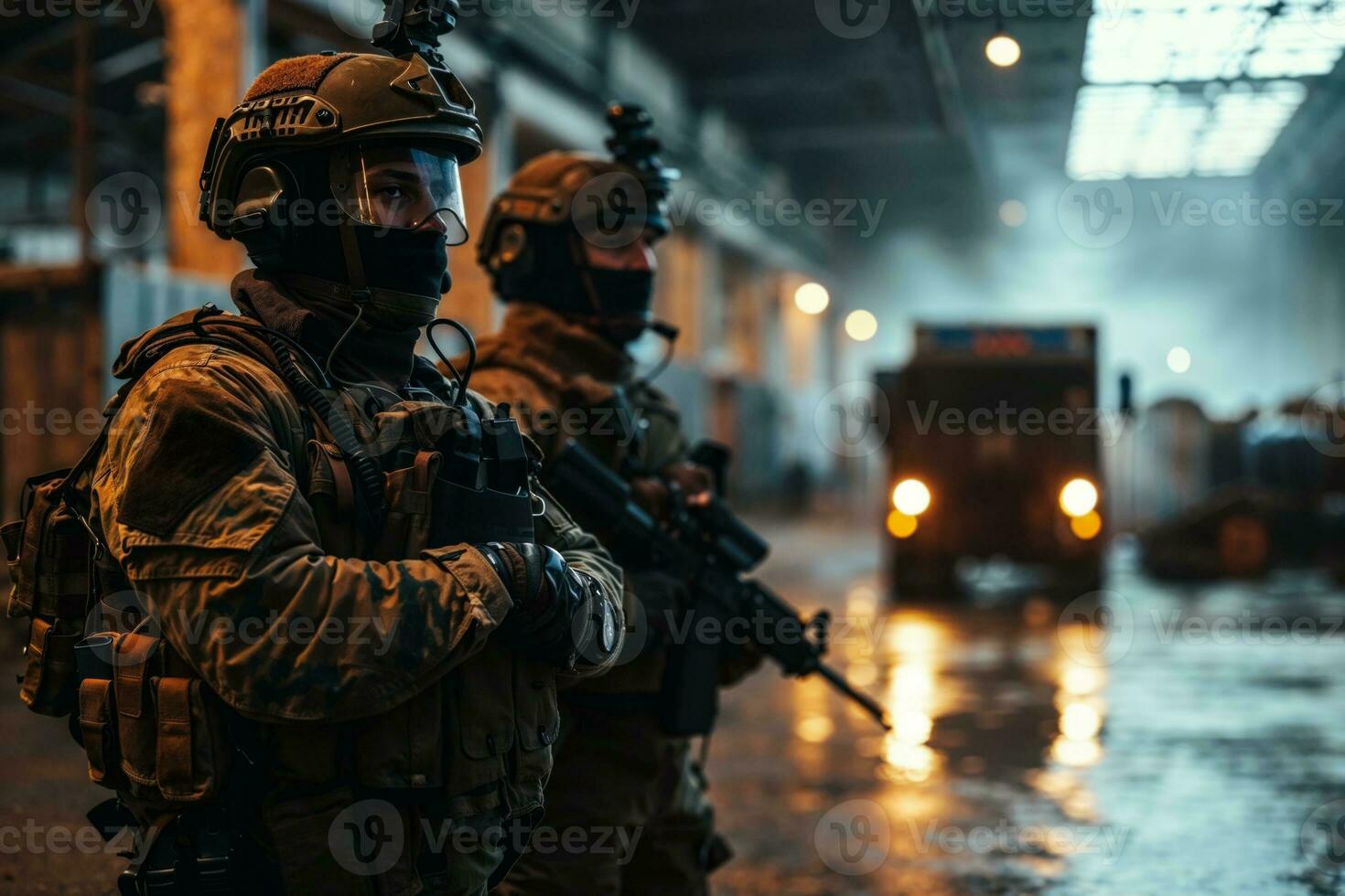 AI generated Two soldier of police special forces stand in a hangar for protect the area. photo