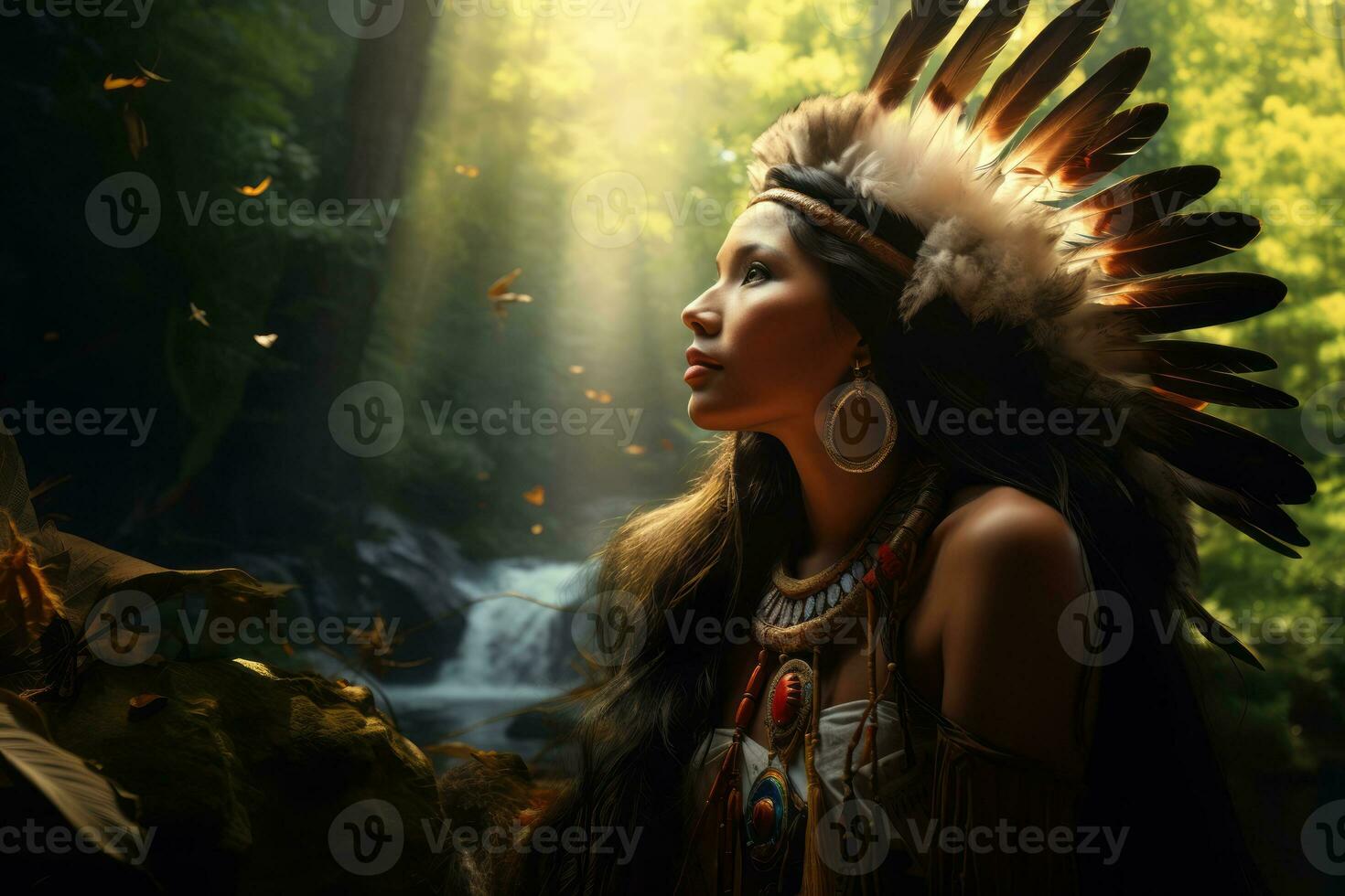 AI generated An Native American young woman efforts in environmental conservation and sustainable practices, emphasizing the connection between culture and nature. photo