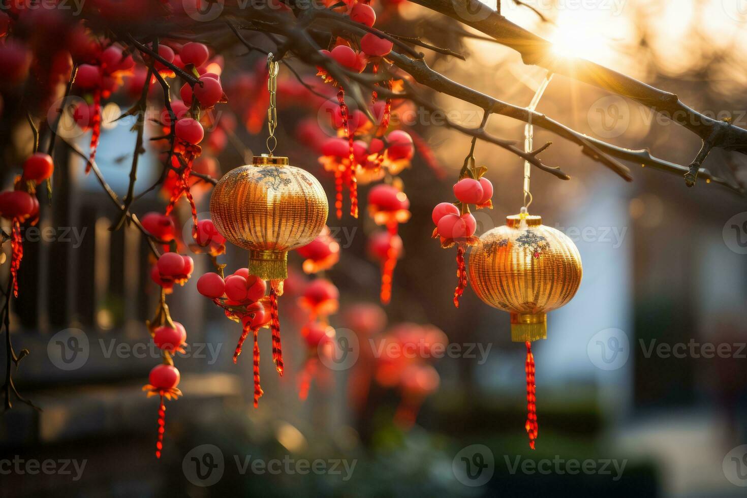 AI generated A serene scene of Chinese New Year with red lanterns, adorned with gold patterns and red tassels, hanging from a tree branch. photo