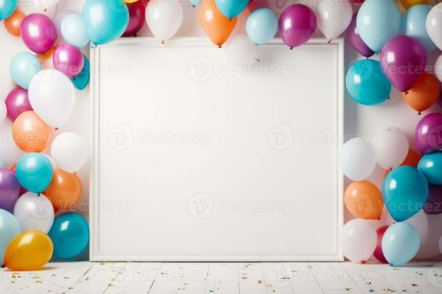 AI generated Empty frame surrounded by bright vibrant multicolored balloons and confetti photo