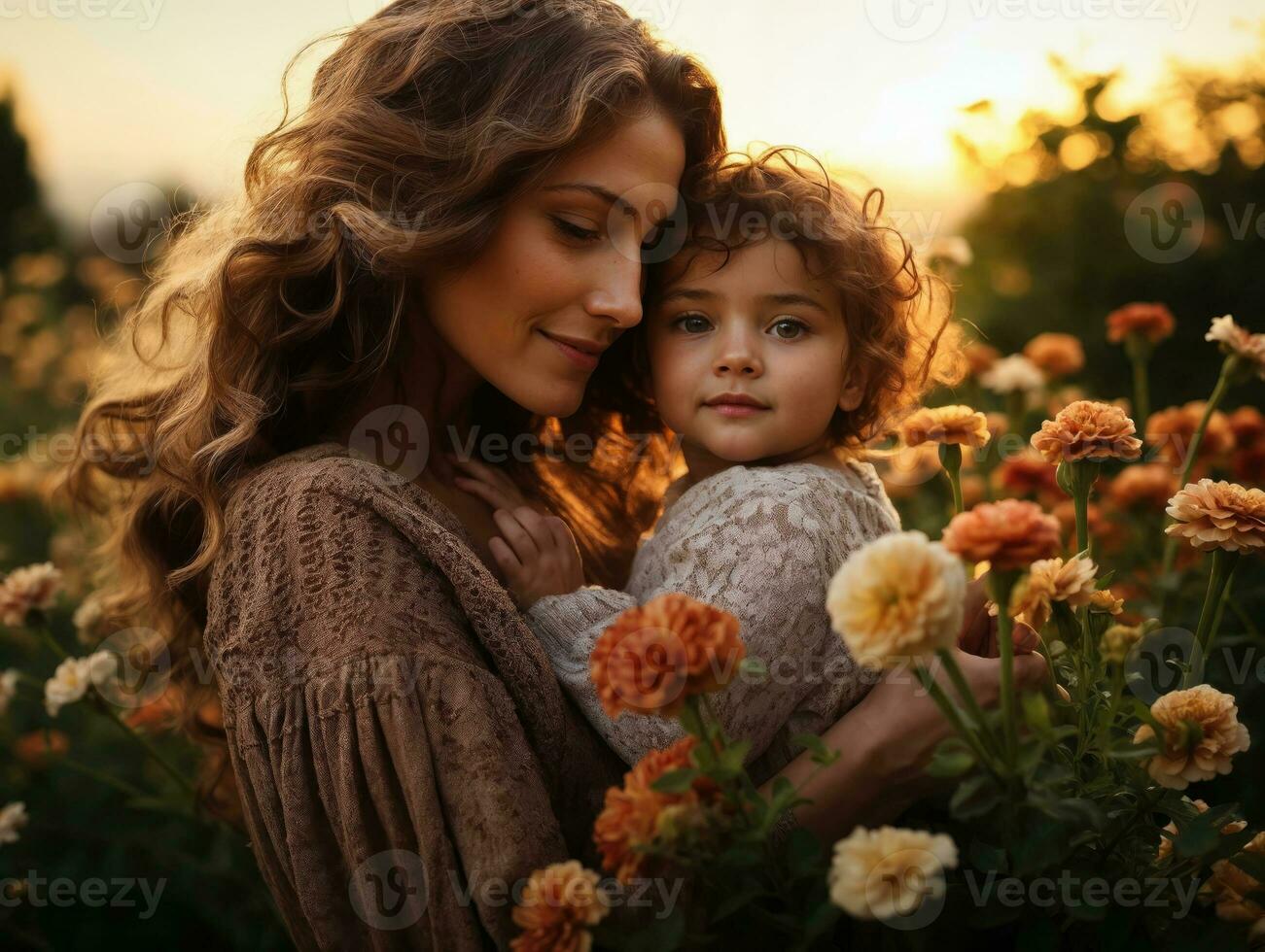 AI generated Tender mom lovingly holding her baby outdoors , surrounded by blooming flowers and a warm sunset glow photo