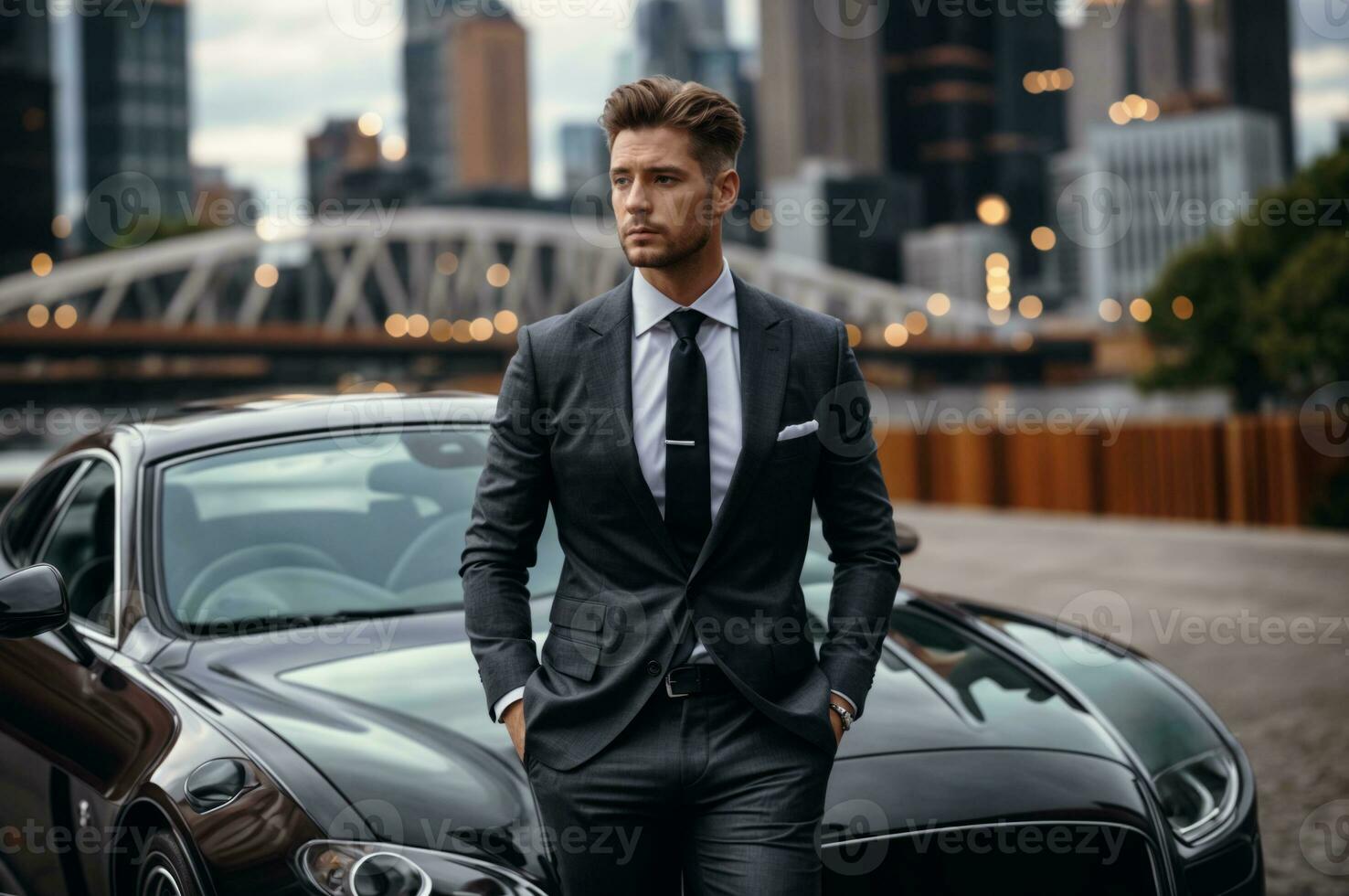 AI generated Sophisticated stylish man in a tailored suit, leaning confidently against a sleek luxury car, with an urban cityscape in the background, exuding elegance and success photo