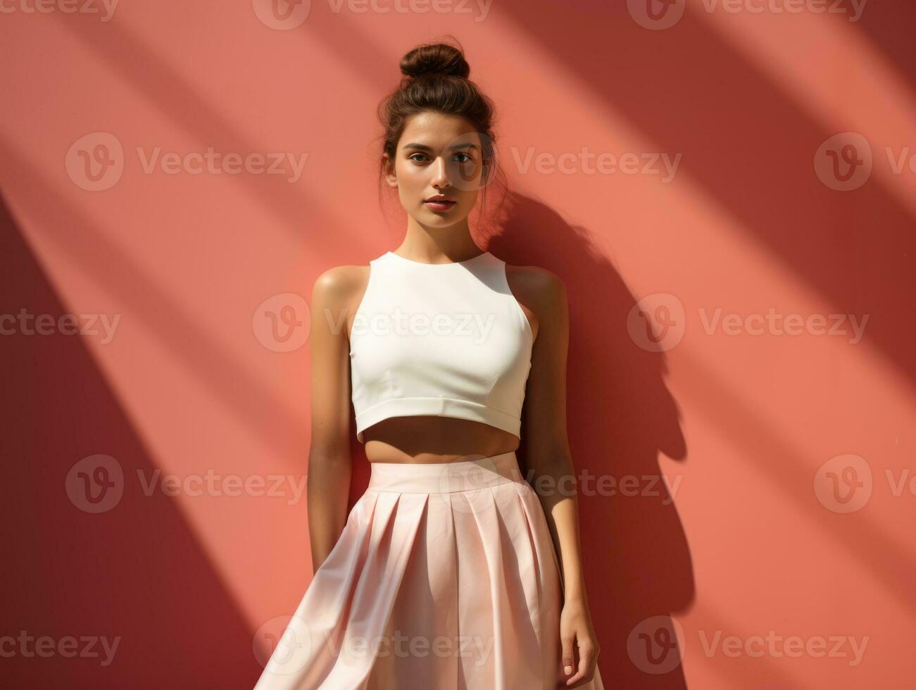 AI generated Fashion model in a striking pose on an empty pastel-colored background, her elongated shadow adding depth and drama to the minimalist setting photo