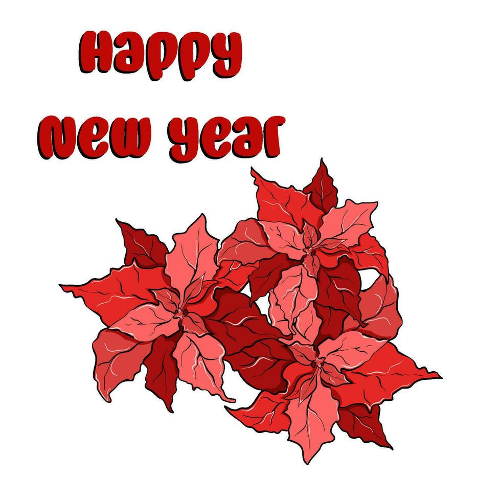ramo de flores de flor de pascua con contento nuevo año texto. vector ilustración
