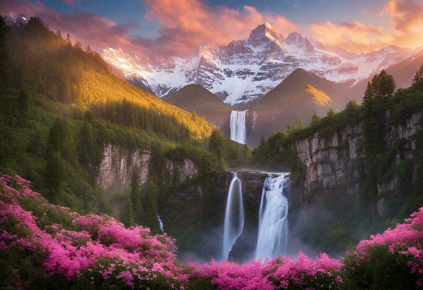 AI generated A majestic waterfall cascades down a sheer cliff face, its waters shimmering with hues of gold and pink as the first rays of dawn illuminate the scene photo