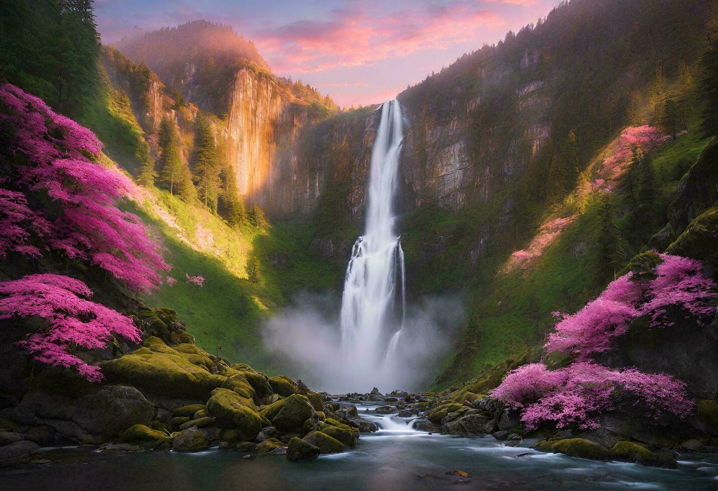 AI generated A majestic waterfall cascades down a sheer cliff face, its waters shimmering with hues of gold and pink as the first rays of dawn illuminate the scene photo