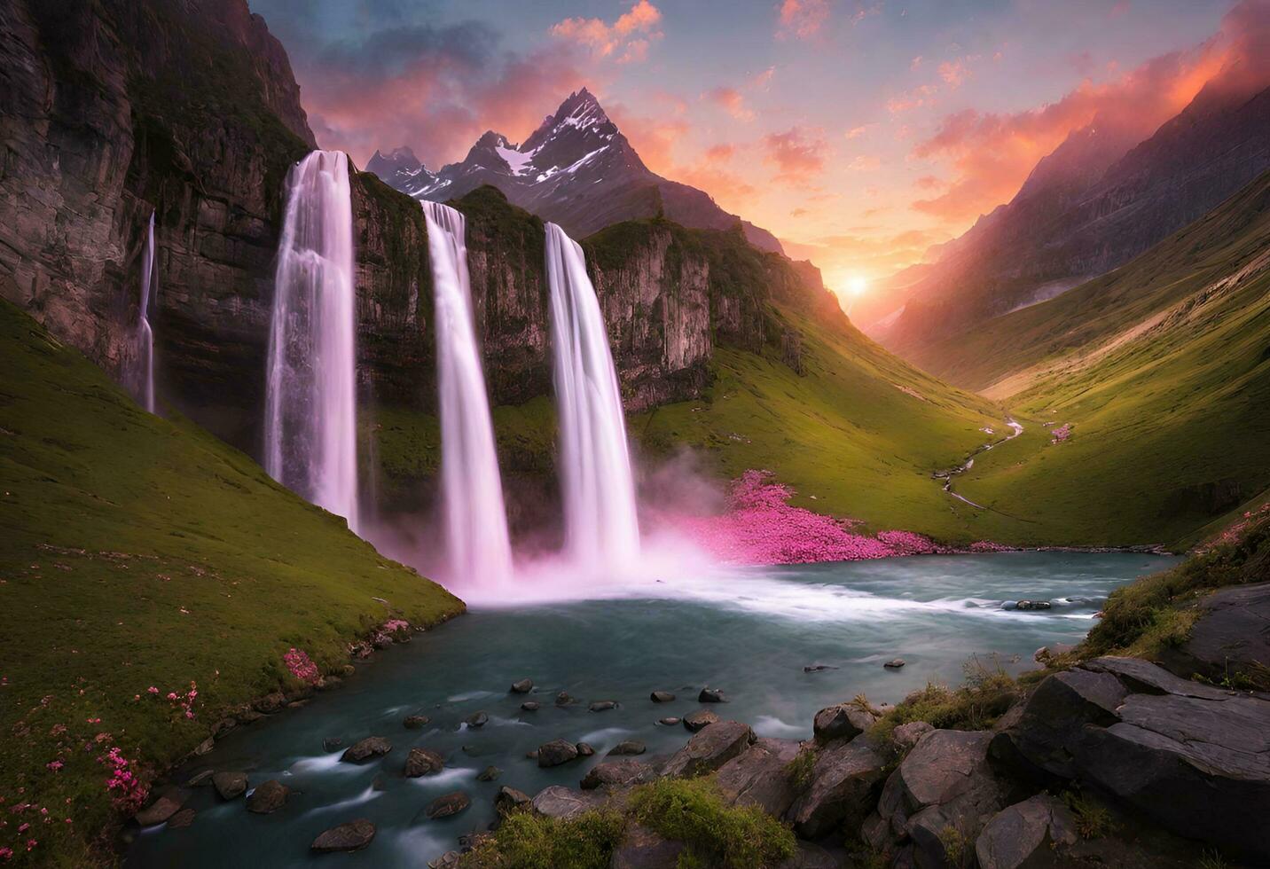 AI generated A majestic waterfall cascades down a sheer cliff face, its waters shimmering with hues of gold and pink as the first rays of dawn illuminate the scene photo