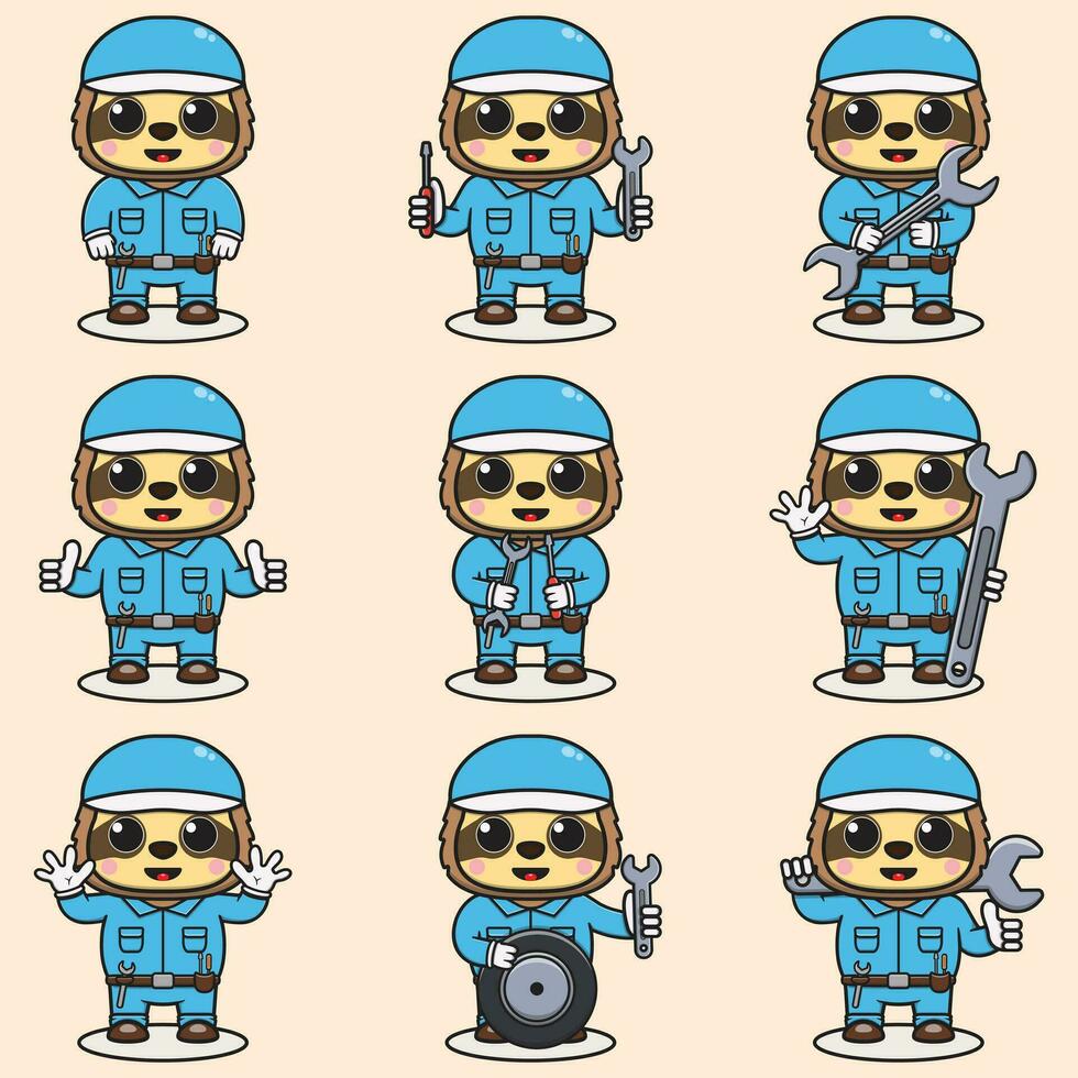 Mascot cartoon of cute Sloth wearing mechanic uniform and cap. Cute Sloth illustration. Character animal. Mechanic cartoon set. Vector illustration in isolated background.