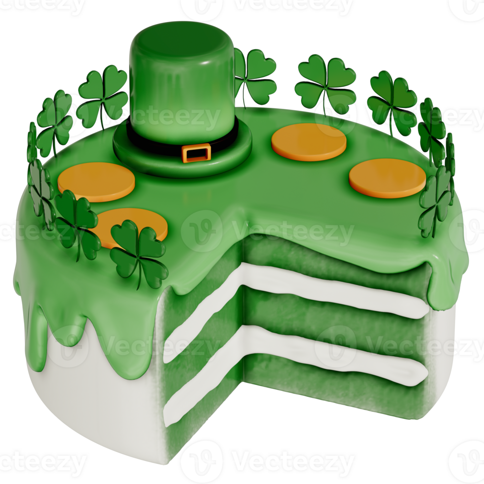 St. Patrick's Day dessert Chocolate mint Velvet Cheesecake with leprechaun , shamrock and gold decoration on transparent background, 3D Rendering png