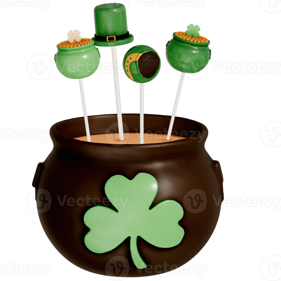 St. Patrick's day dessert Chocolate pot of gold cake with cake pop on transparent background, 3D Rendering png