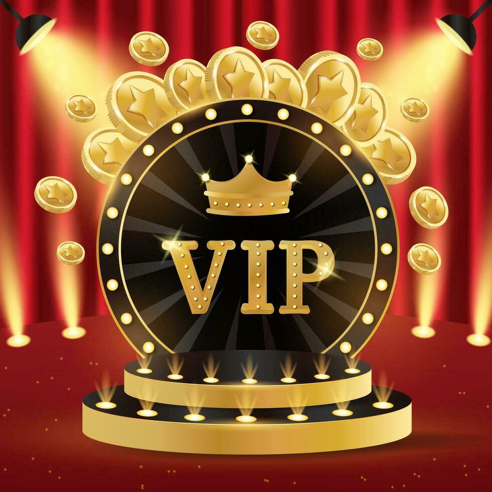 Casino podium vip. 3d retro casino podium. Podium with coins, crown and VIP. Casino scene, stage, studio or room. vector