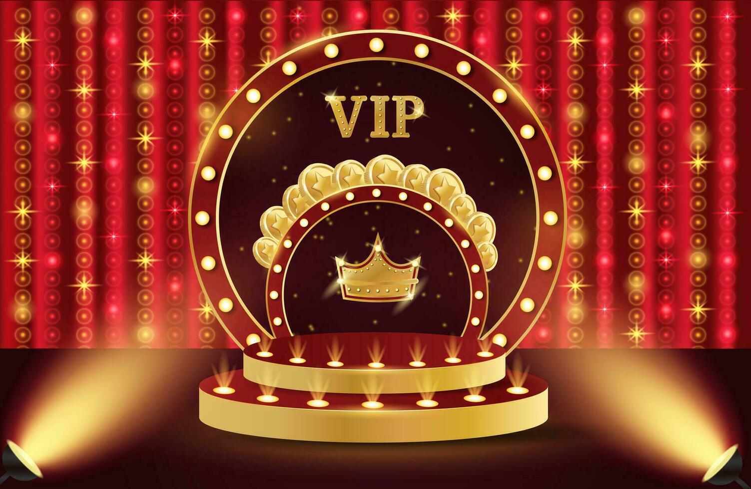 Casino podium. 3d retro casino podium. Podium with coins, crown and VIP. Casino scene, stage, studio or room. vector