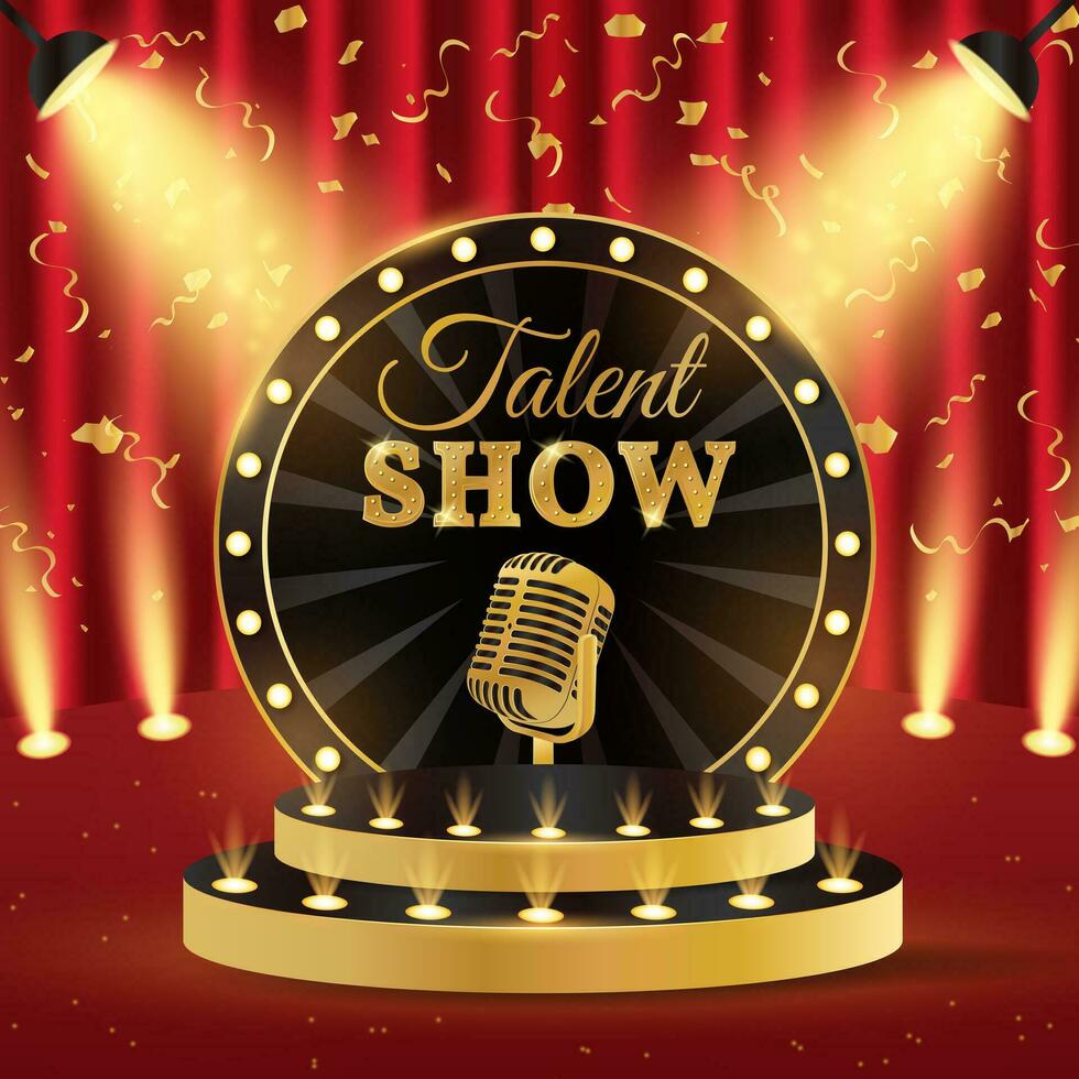 Show talent podium. 3d retro talent show podium with microphone. Show scene, stage, studio or room. vector