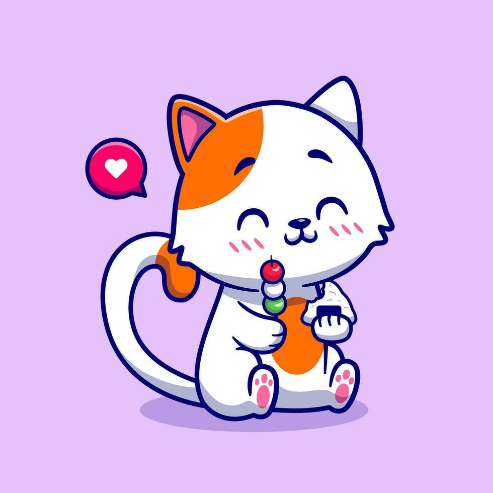 linda gato comiendo dango mochi y onigiri dibujos animados vector icono ilustración. animal comida icono concepto aislado prima vector. plano dibujos animados estilo