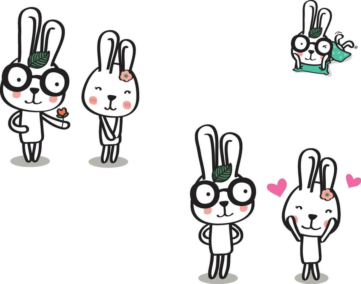 Set of sweet and cute white bunny rabbits boy and girl. Rabbit cartoon vector collection.