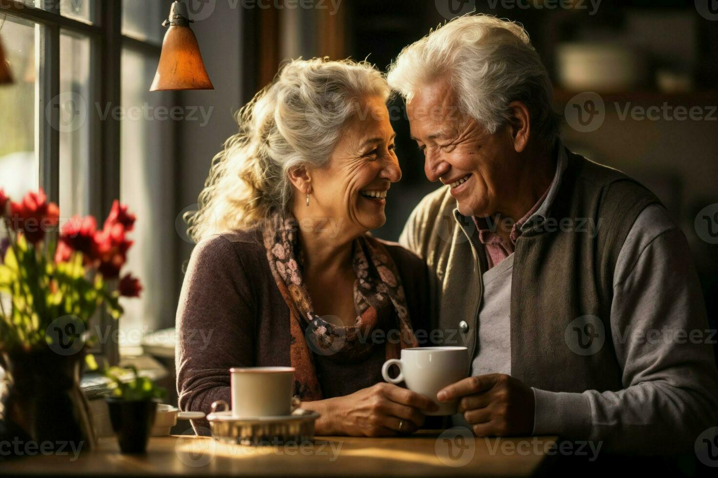 ai generado sincero mayor Pareja saboreando Café exprés en su acogedor cocina, con Mañana ligero transmisión mediante el ventana, reflejando el comodidad y intimidad de su diario rutina foto