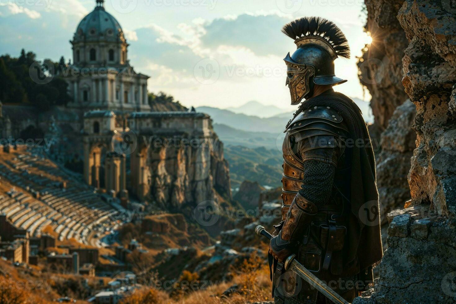 AI generated A armored Roman gladiator overlooking ancient Rome earth. Holding a sword and shield. photo