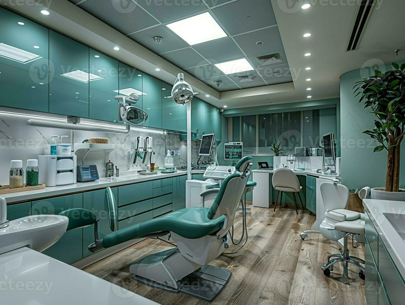 ai generado un dental tratamiento habitación en un lujo clínica, con avanzado equipo, elegante mobiliario, y un sereno color paleta, enfatizando el clínica compromiso a excelencia y paciente cuidado foto